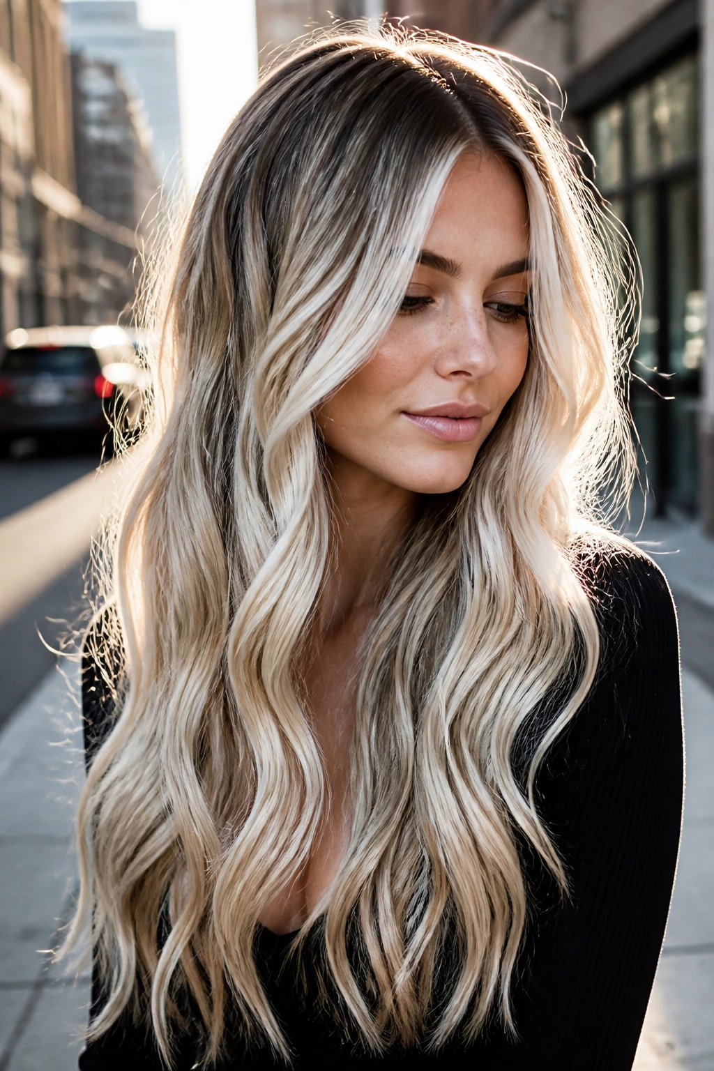 Close-up of real woman with rooted platinum ribbons in long wavy hair