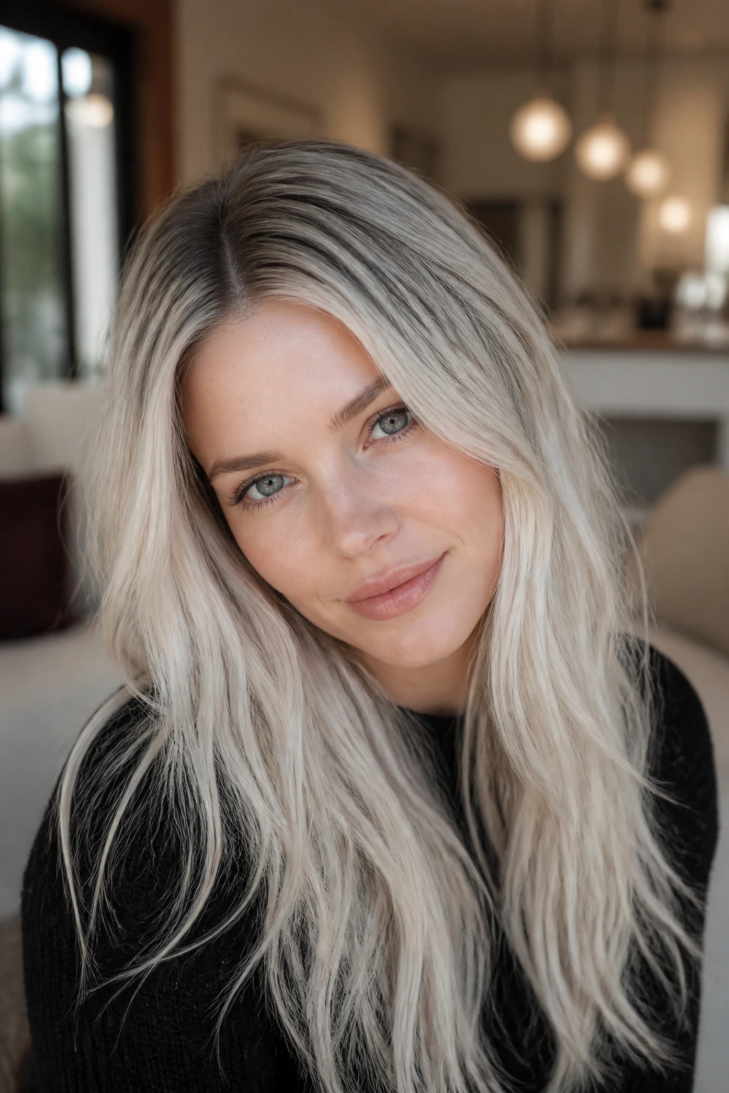 Close-up portrait showing a soft dark root blending into pale platinum hair.