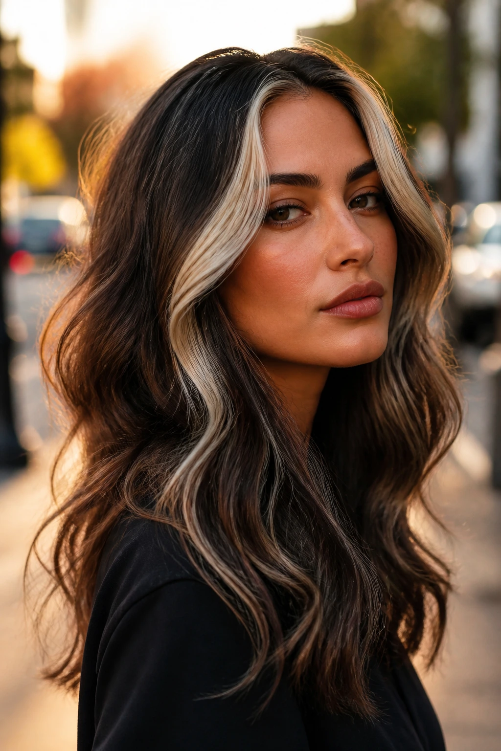 Portrait of a real person with rooted platinum slice at the face and dark roots on wavy hair