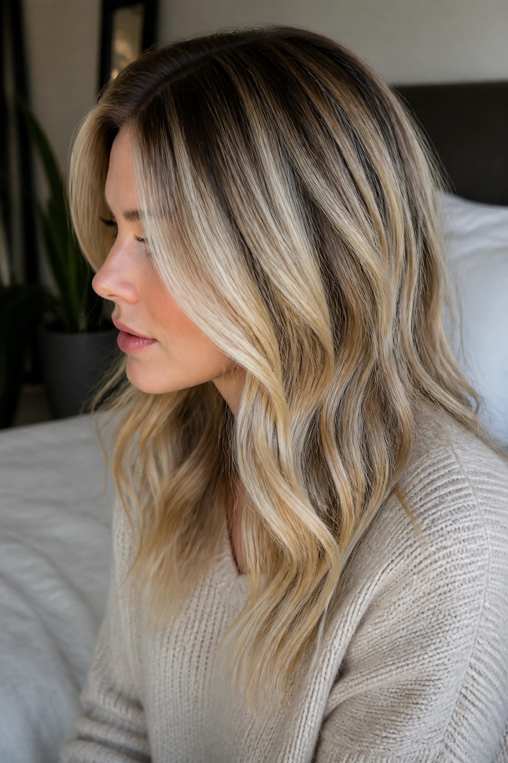 Close-up of rooted ribbon blonde with dark root and light ribbons