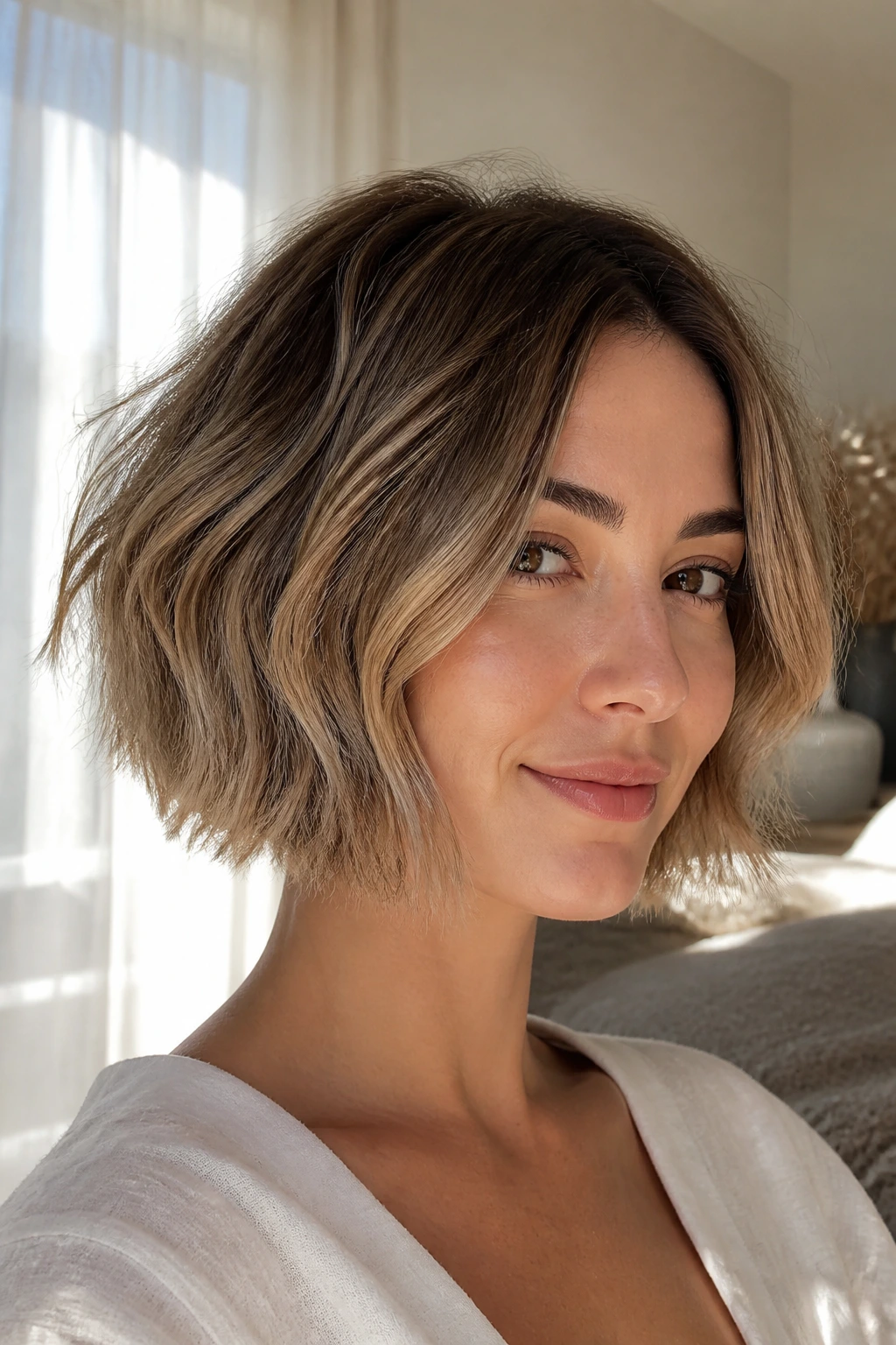 Close-up of a person with rooted sandy balayage on a bob
