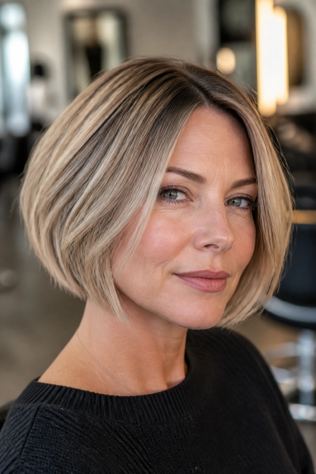 Portrait of a woman with chin-length rooted sandy bob and root shadow