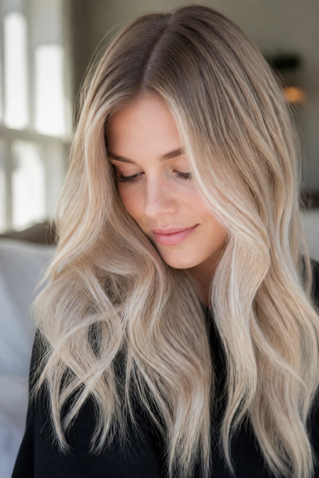 Portrait of a real woman with pale rooted Scandinavian blonde under window light