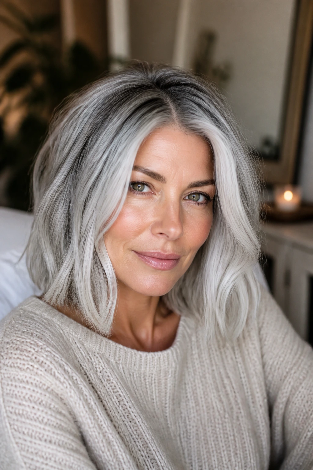 Close-up of shoulder-length silver hair with rooted blend and tonal variation
