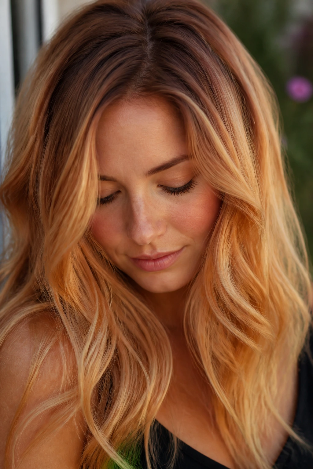 Close-up of a woman with rooted strawberry blonde hair in warm light