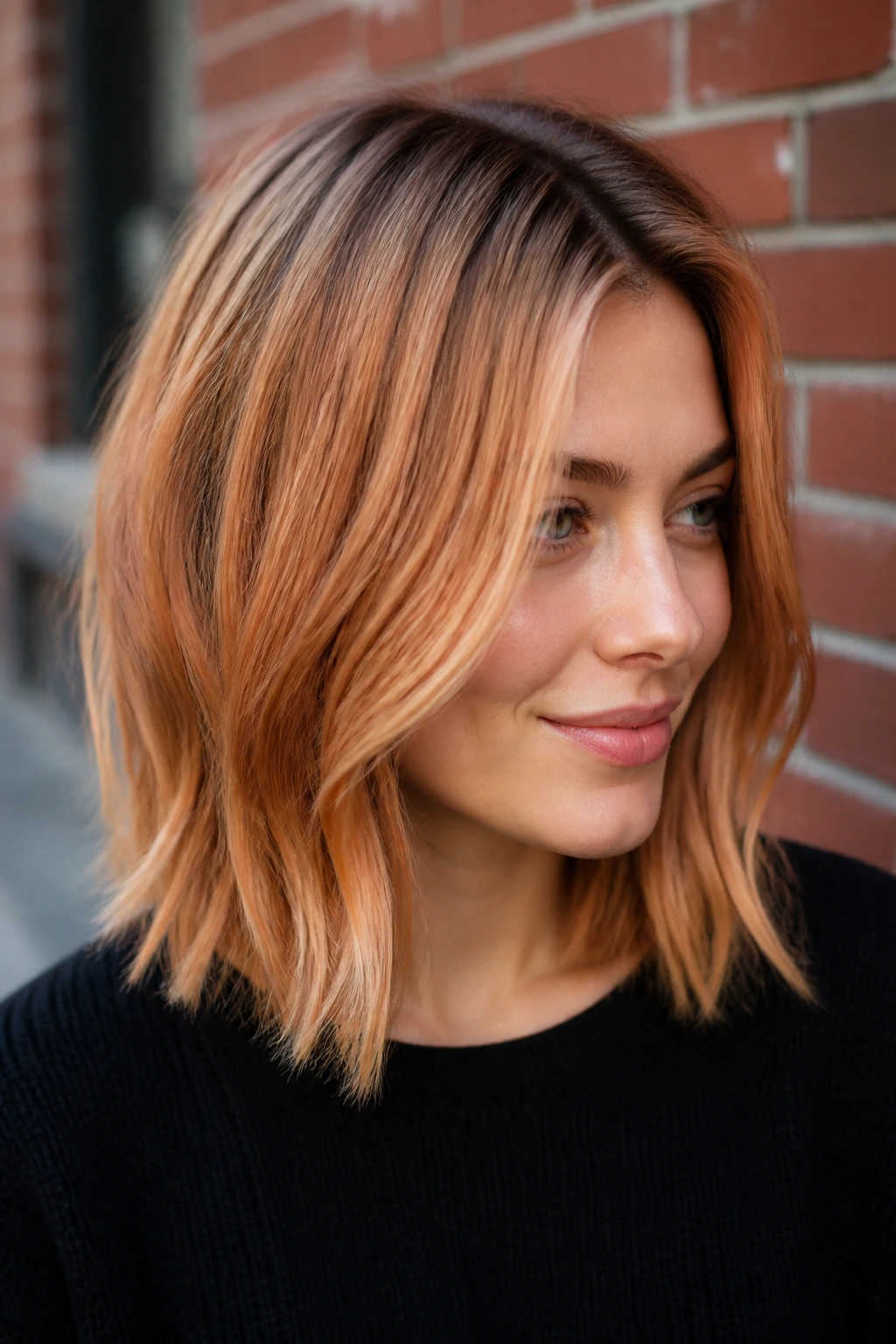 Close-up of a real woman with a rooted strawberry lob and root shadow