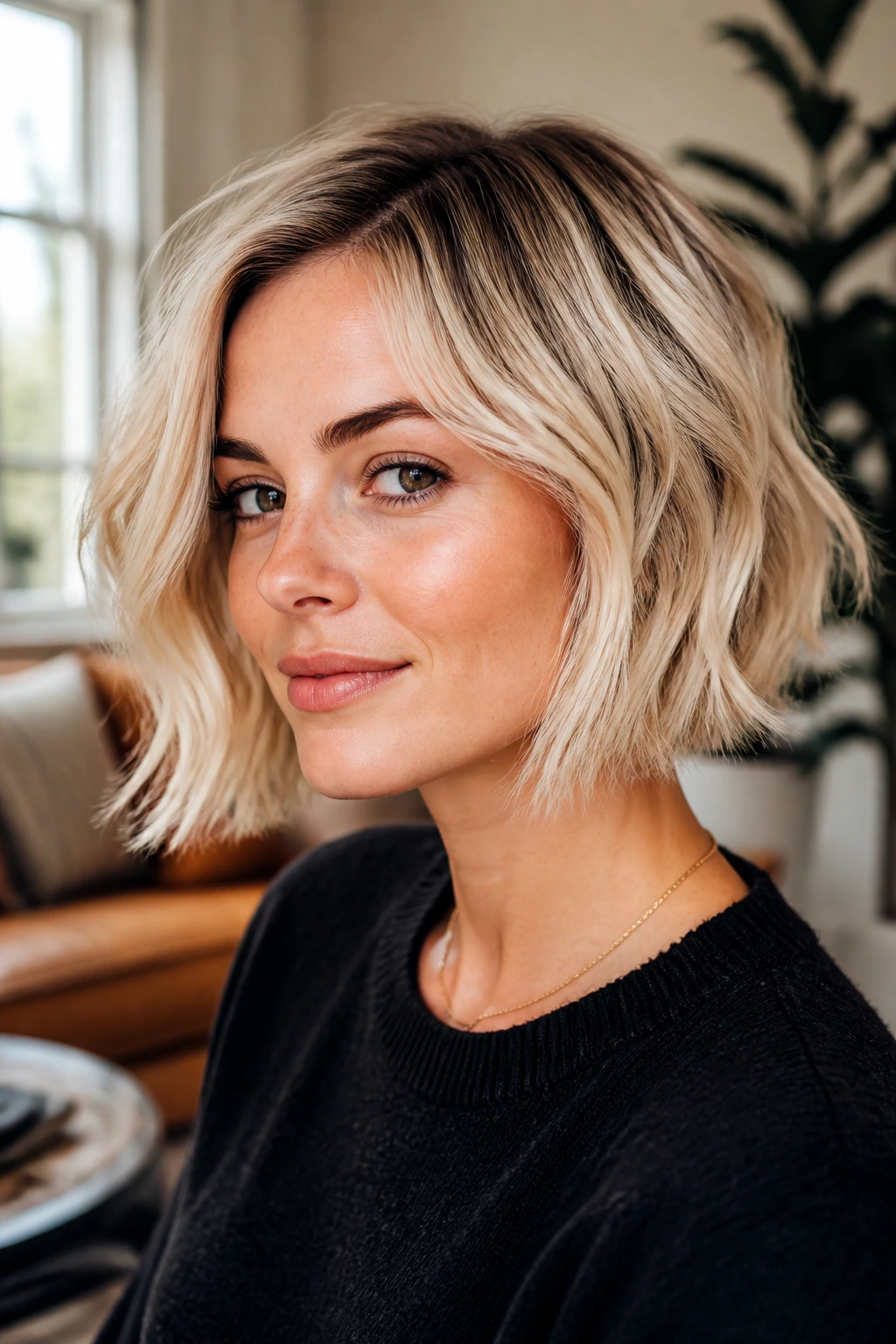Close-up of rooted vanilla blonde bob on a real person in soft daylight