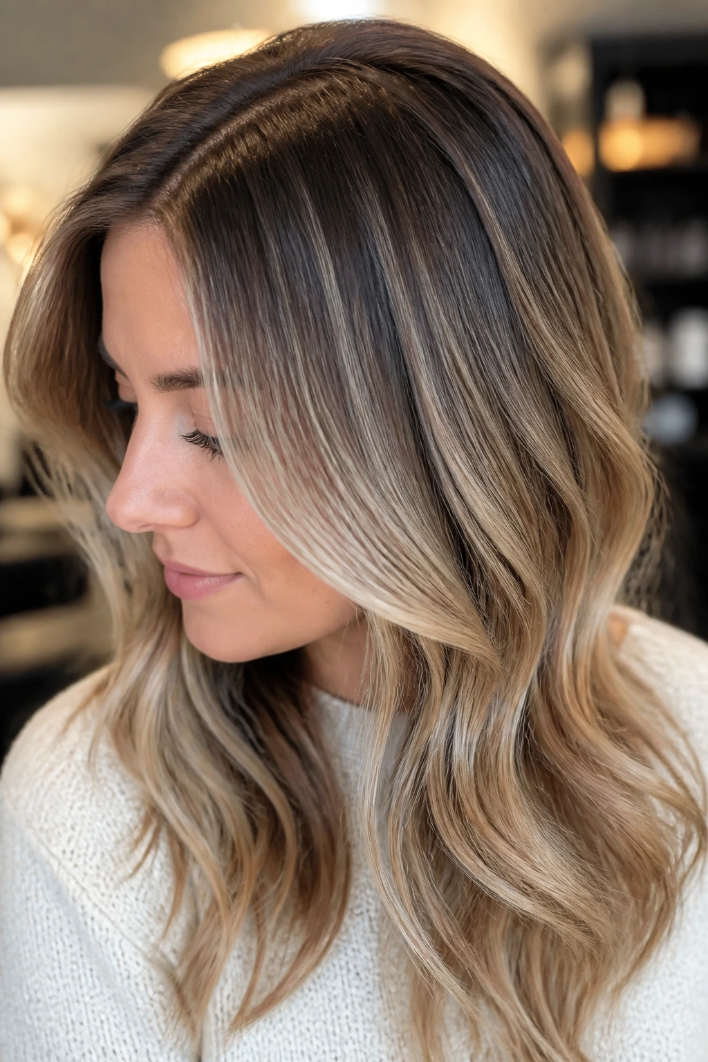 Close-up of a real person with darker roots and lighter babylights starting lower on the scalp