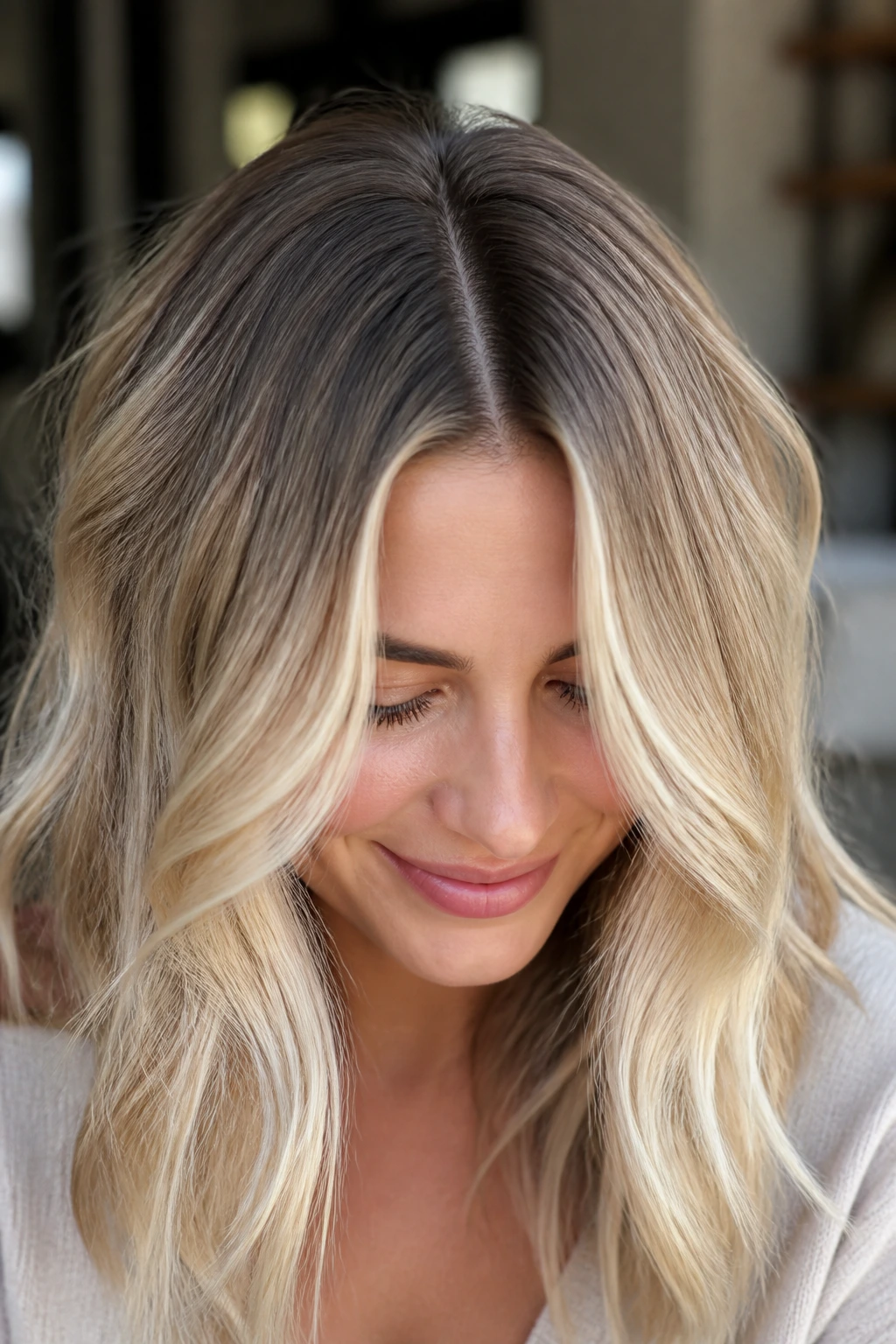 Rooty beige blonde with darker root and lighter mids