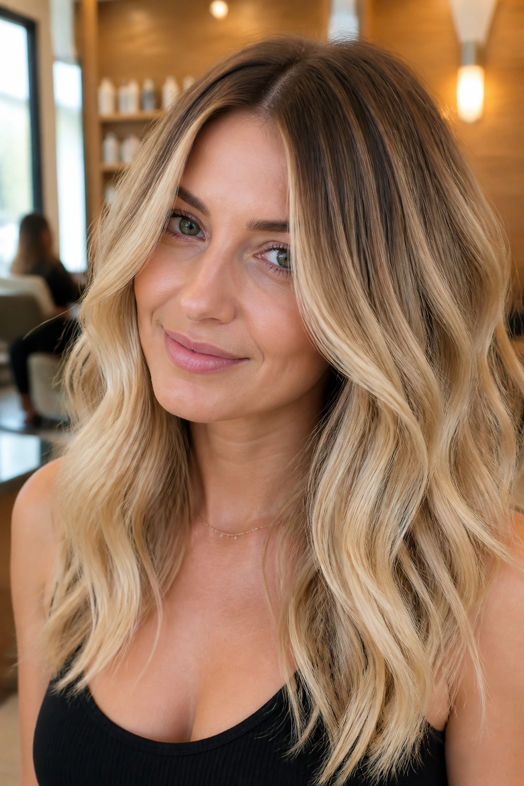 Close-up of a real woman with rooty beige blonde balayage showing root shadow and beige mids
