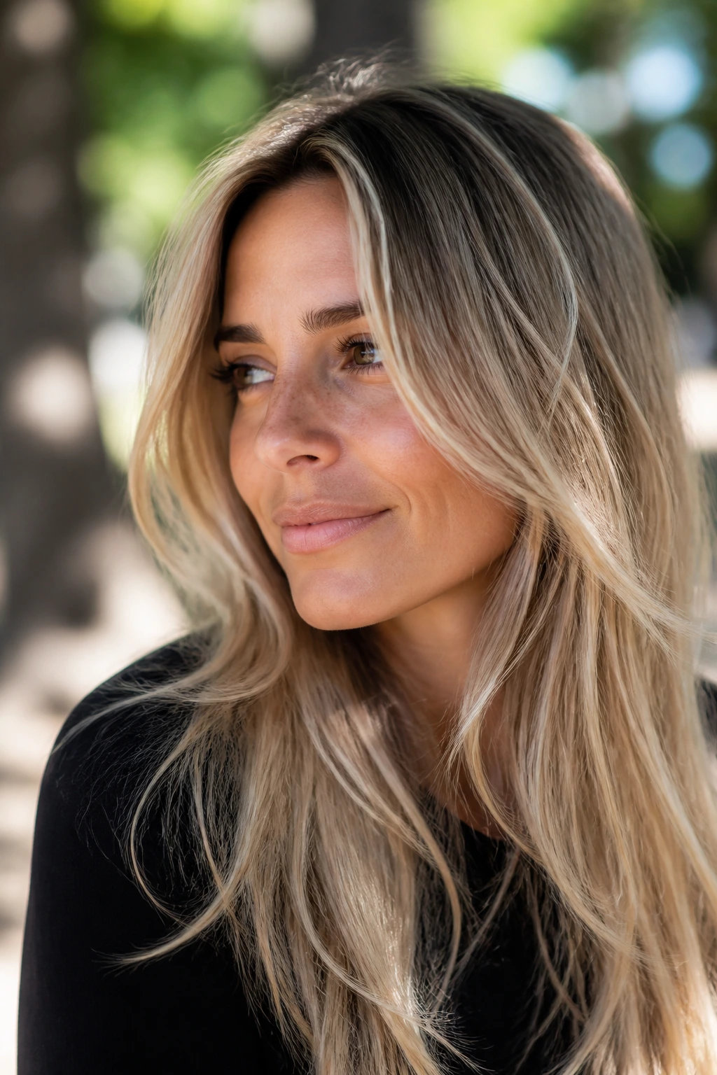 Close-up of a real woman with rooty long layers blonde hair