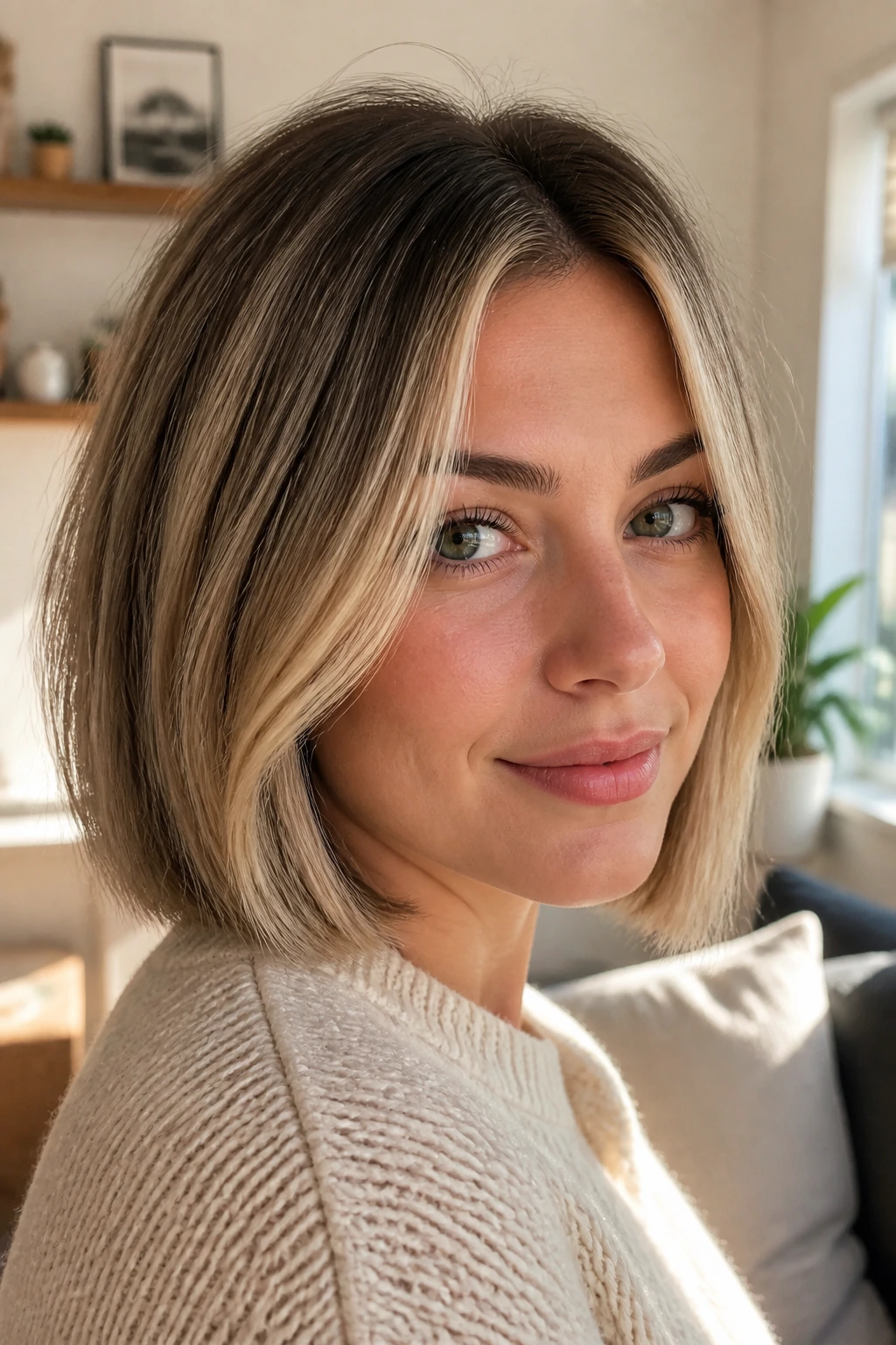 Close-up portrait of a real woman with dark roots and light money-piece blonde framing the face.