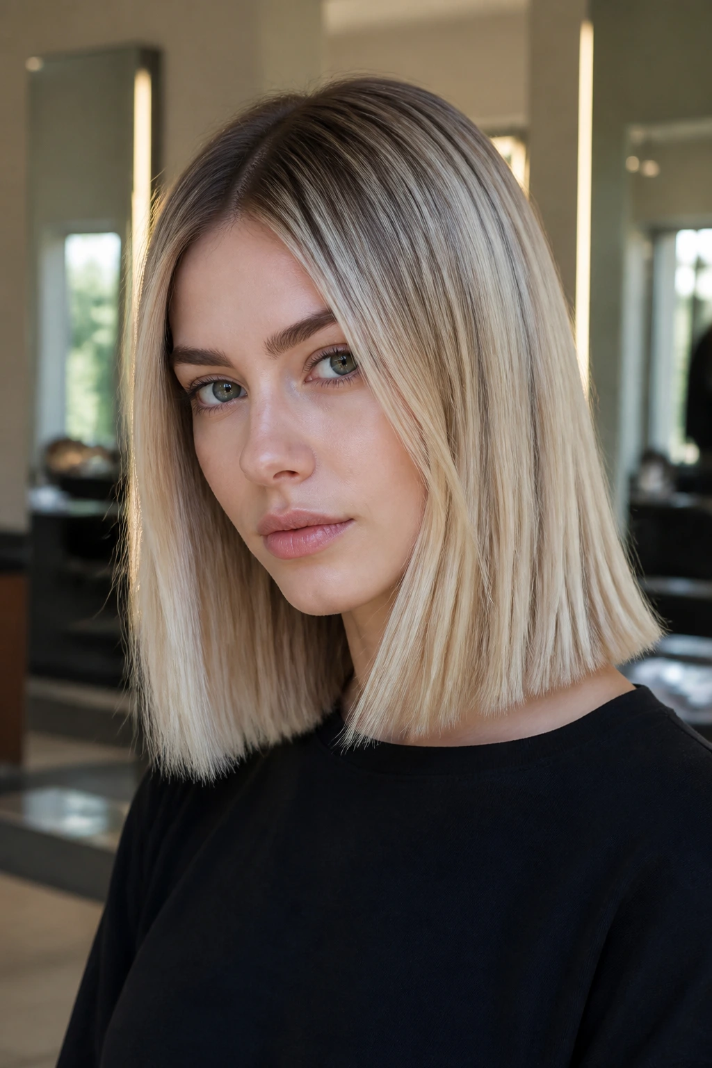 Portrait of a real woman with rooty scandi blonde blunt cut showing dark roots and light ends