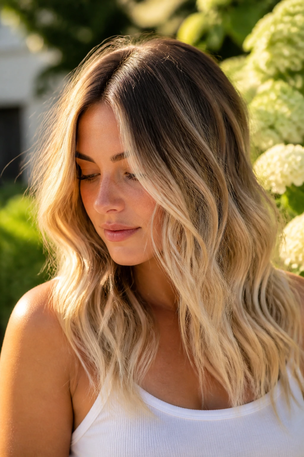 Close-up of woman with rooty vanilla melt balayage in sunlit garden.