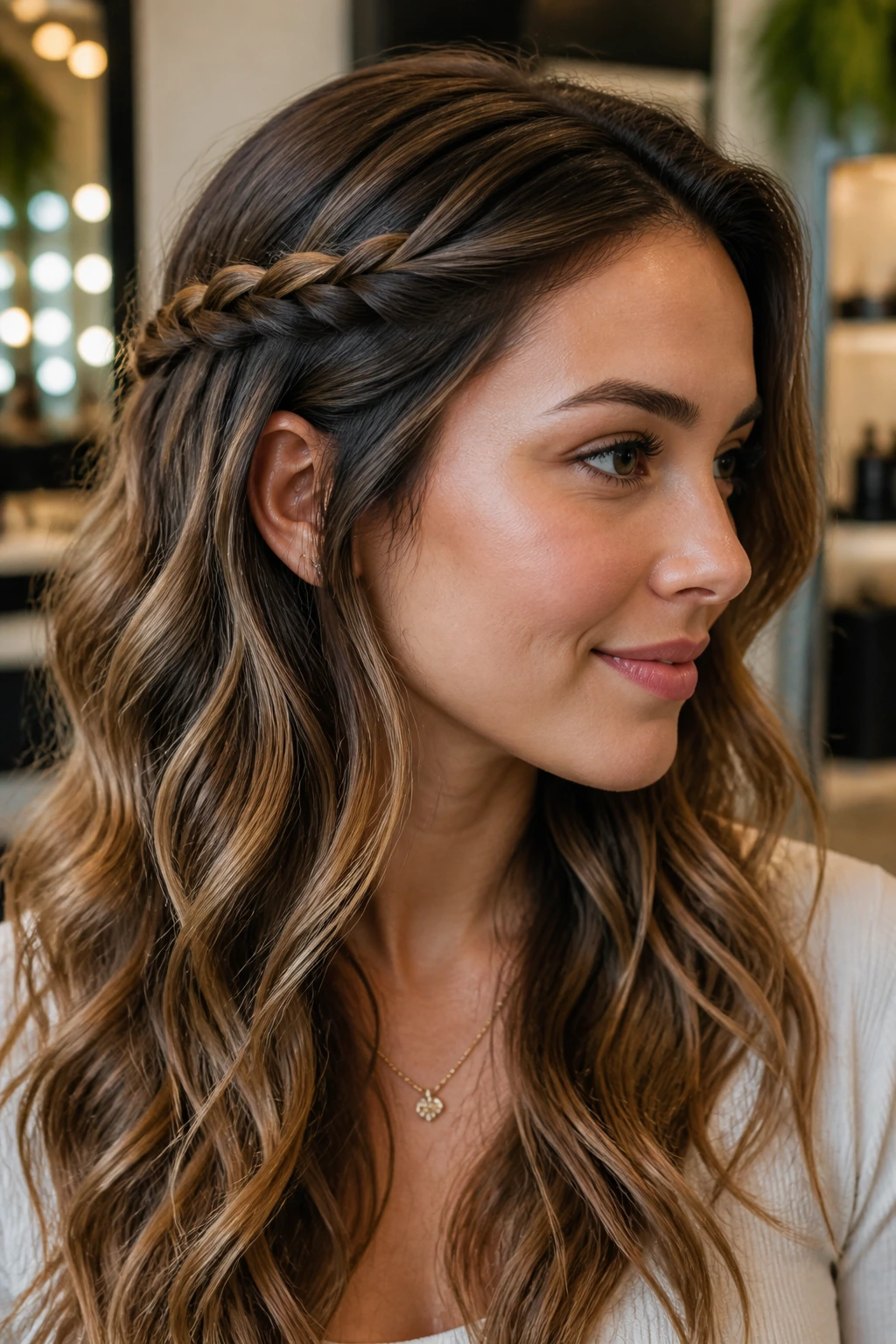Close-up portrait of a real woman showing a rope-braid accent near the temple in long waves.
