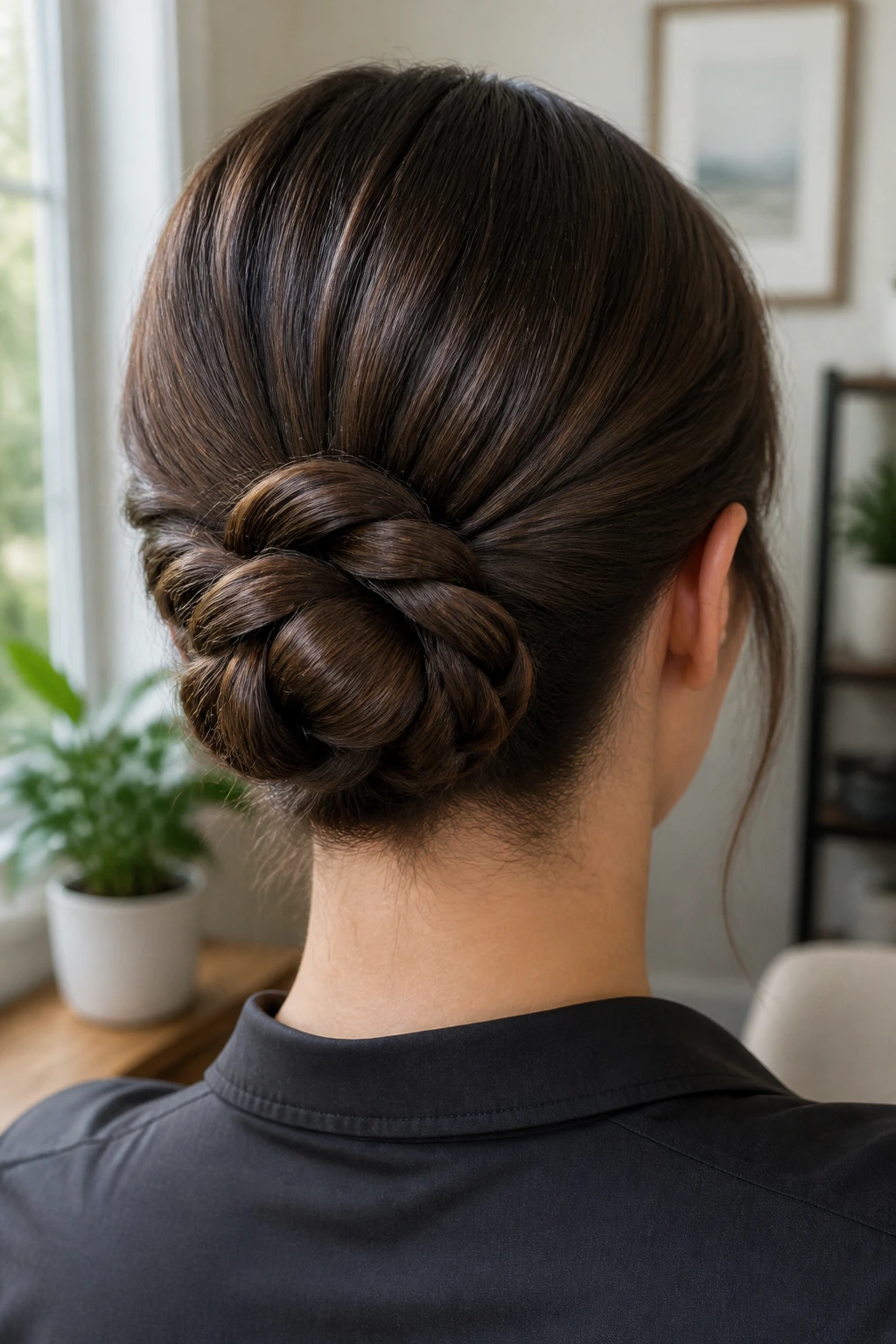 Back view of a real woman with rope braid bun at the nape