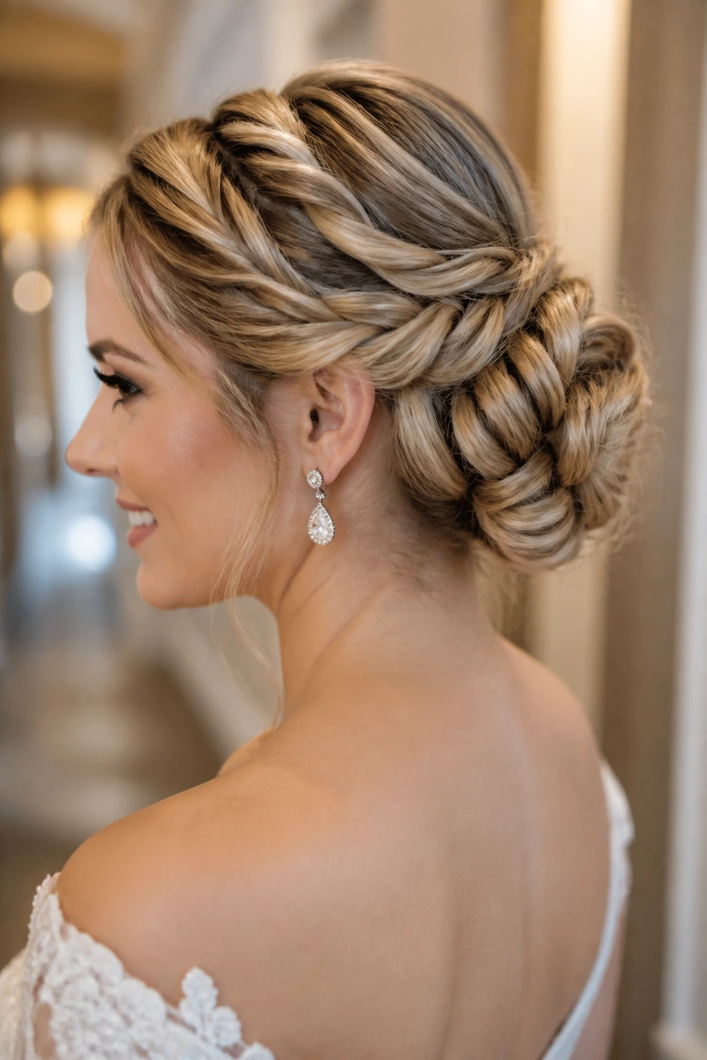 Bride with rope-braid bun showing spiral texture.