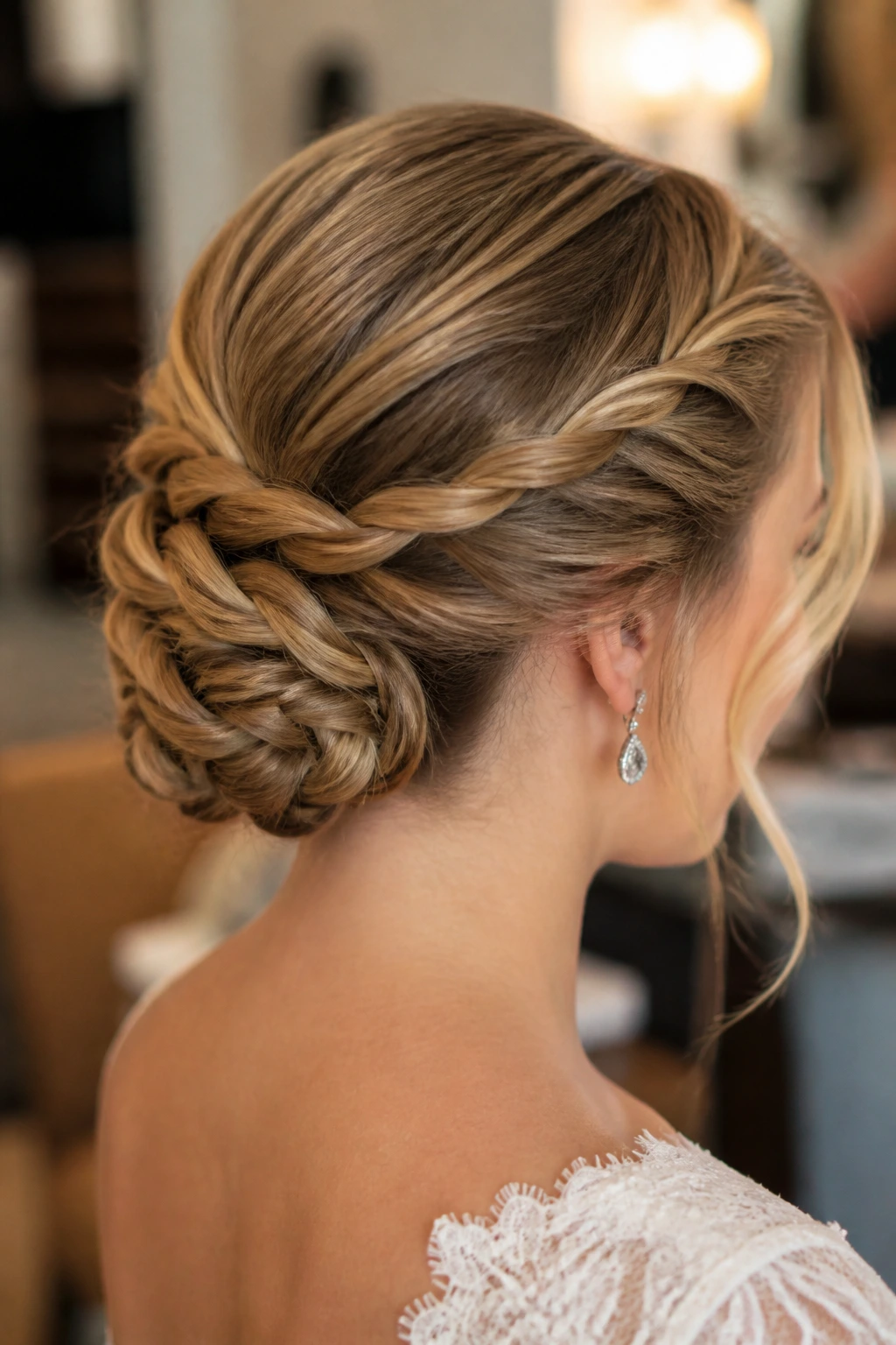 Rope braid bun on a real bride in a bridal suite