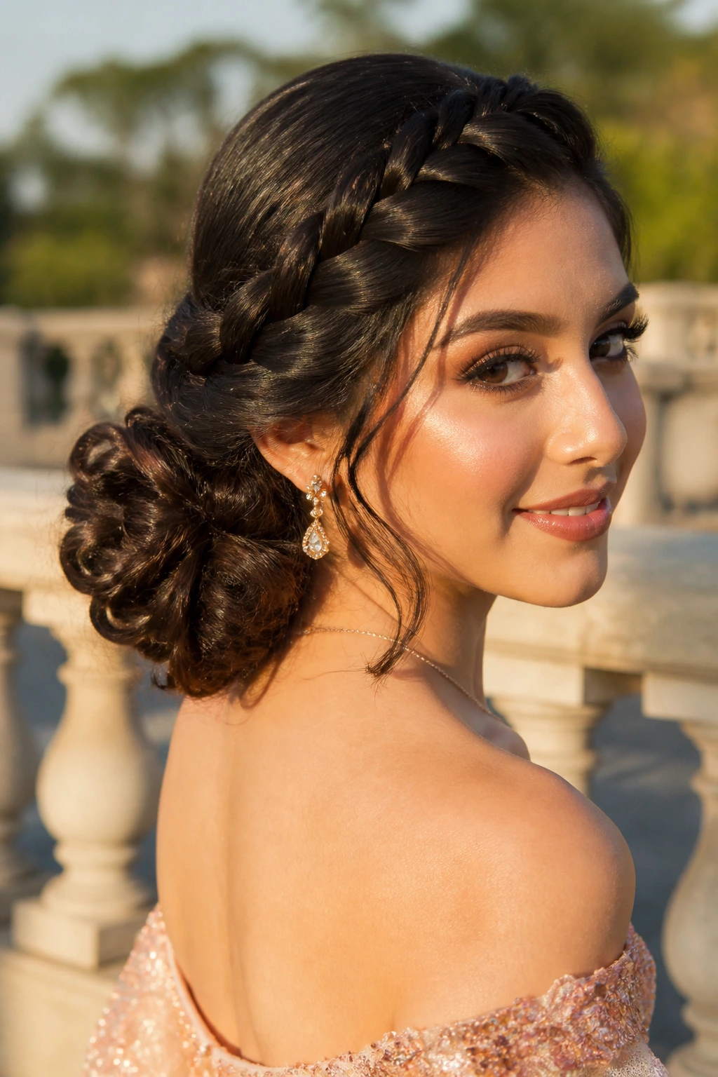 Close-up of a real woman with a rope braid side bun