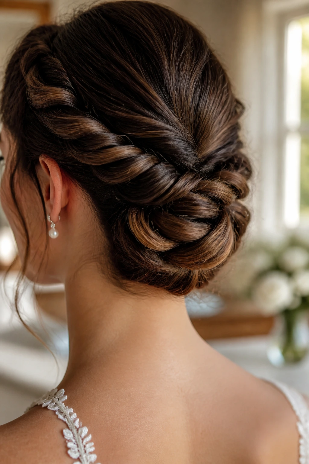 Back of head close-up showing a rope-braid bun at the nape.