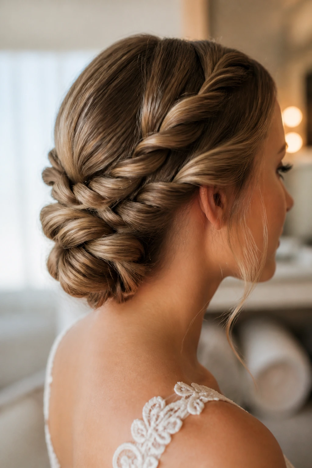 Close-up of a real bride showing a rope-braid low bun