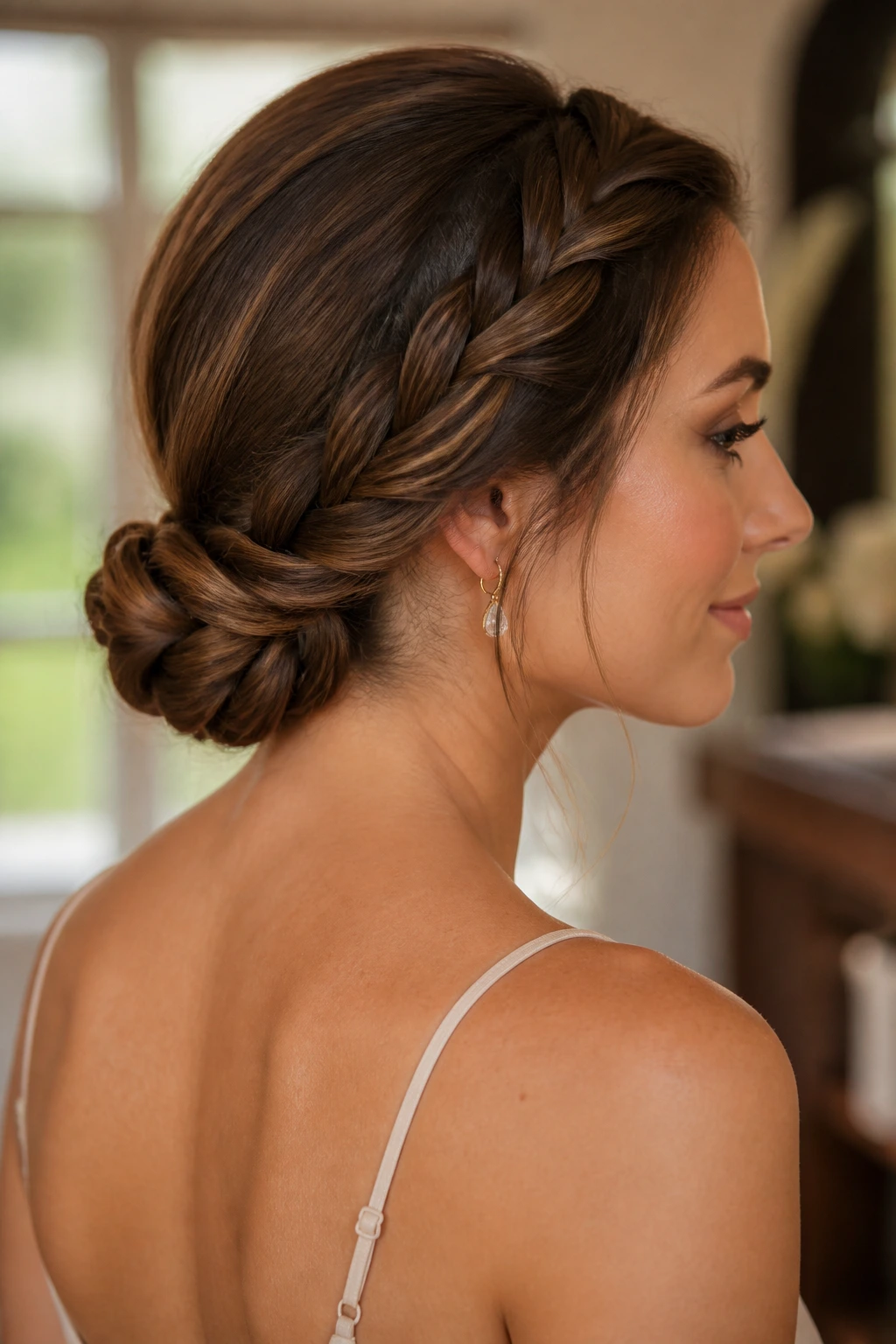 Close-up of a real woman with a rope-braid low bun at the nape in a bridal prep setting