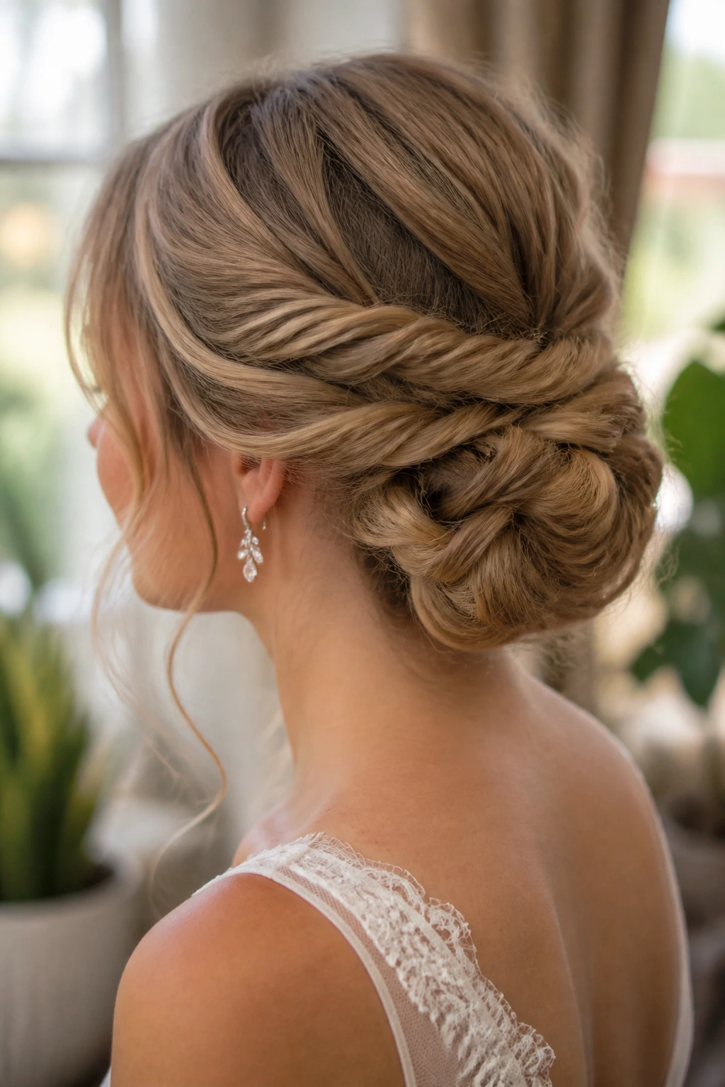 Bride with rope braid bun close-up