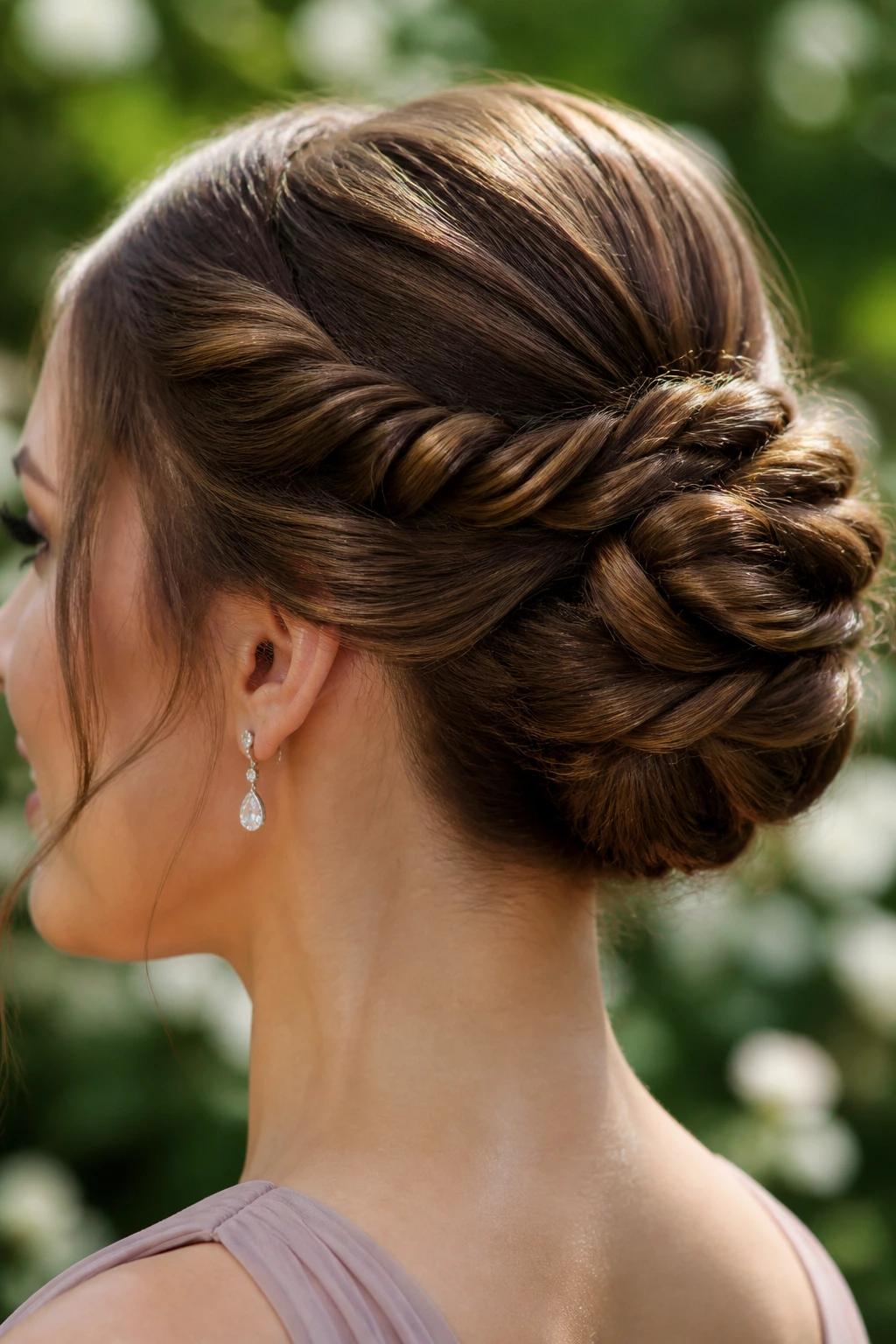 Close-up portrait of a real woman wearing a rope-braid bun in a sunlit garden setting