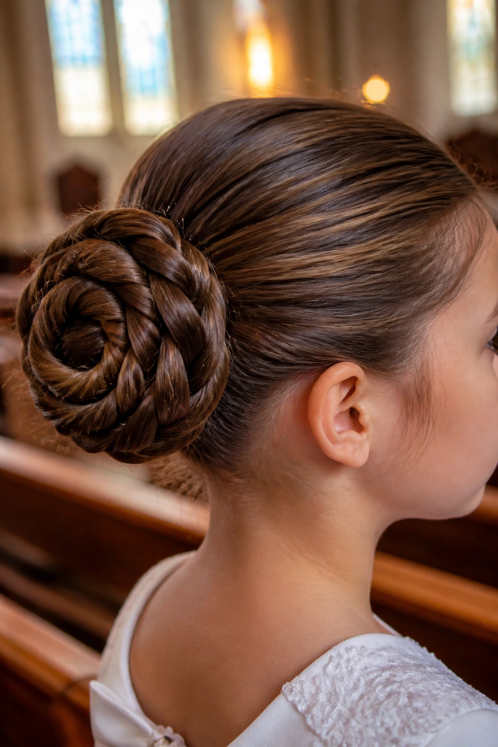 Child with rope braid bun in church setting