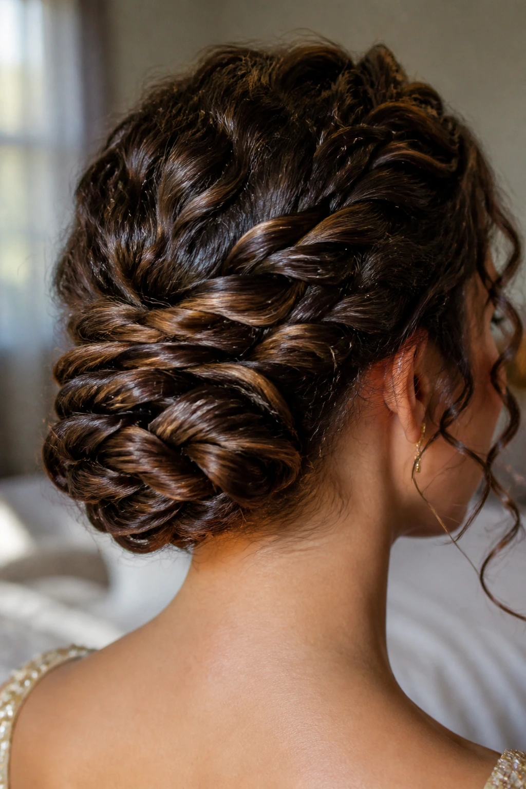 Close-up of rope-braid bun with glossy ends on curly hair