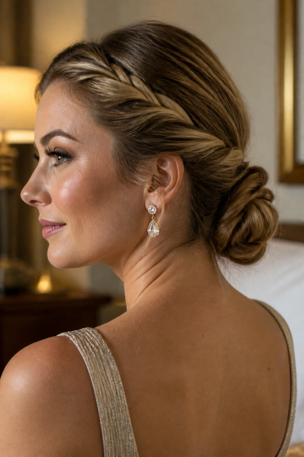 Close-up of a woman with a rope-braid low bun at the nape under warm evening light
