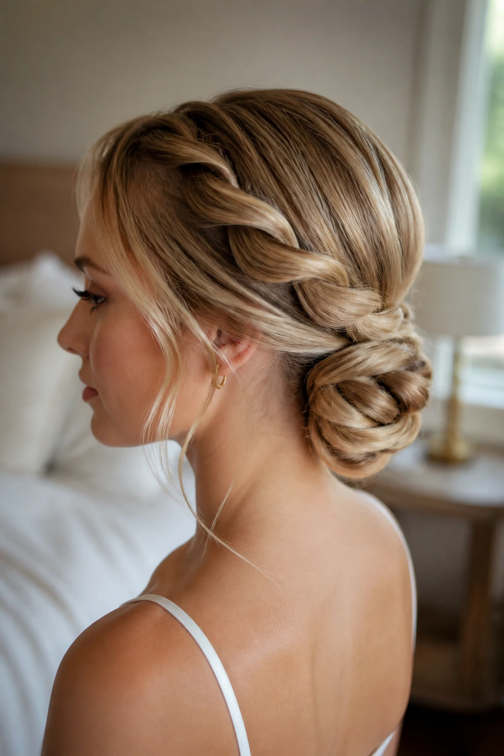 Close-up of rope-braid bun hairstyle on a real woman with nape knot