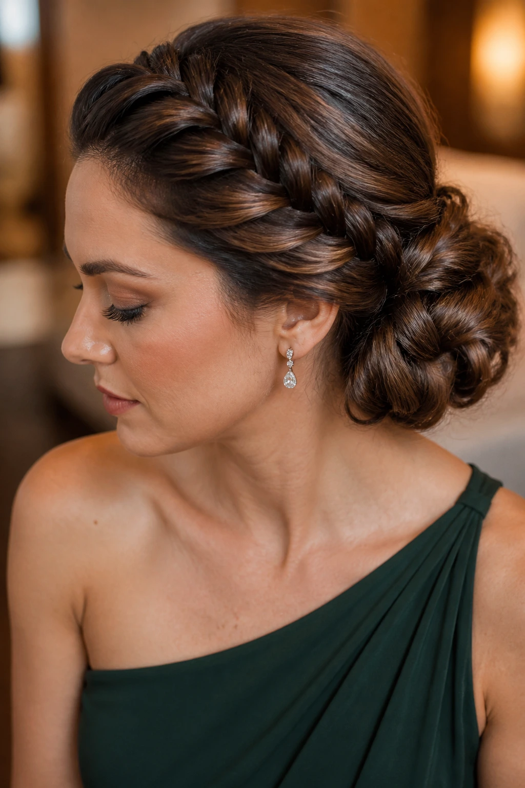 Close-up of a real woman with a side-swept rope braid into a low bun.