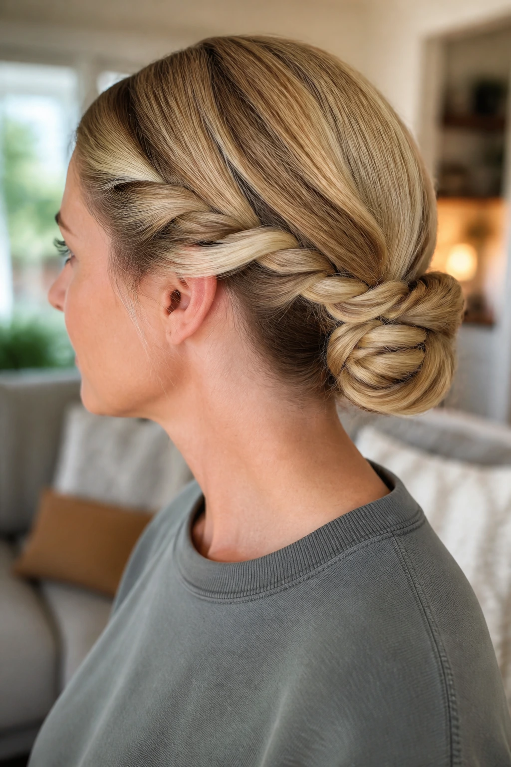Close-up of a real woman wearing a rope braid bun at the nape