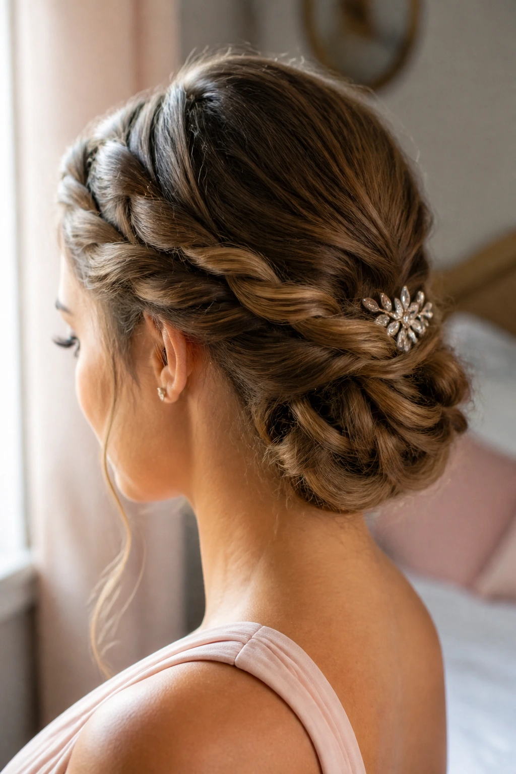 Close-up portrait of a real woman showing a rope-braid bun at the nape with a crystal pin