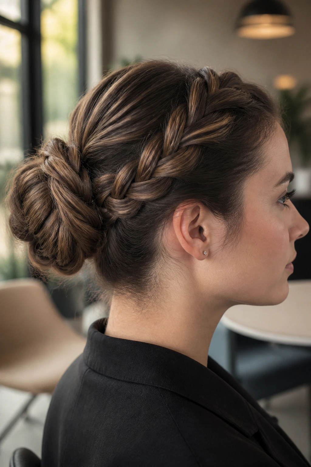 Close-up of a real woman with a rope-braid bun in a modern office setting