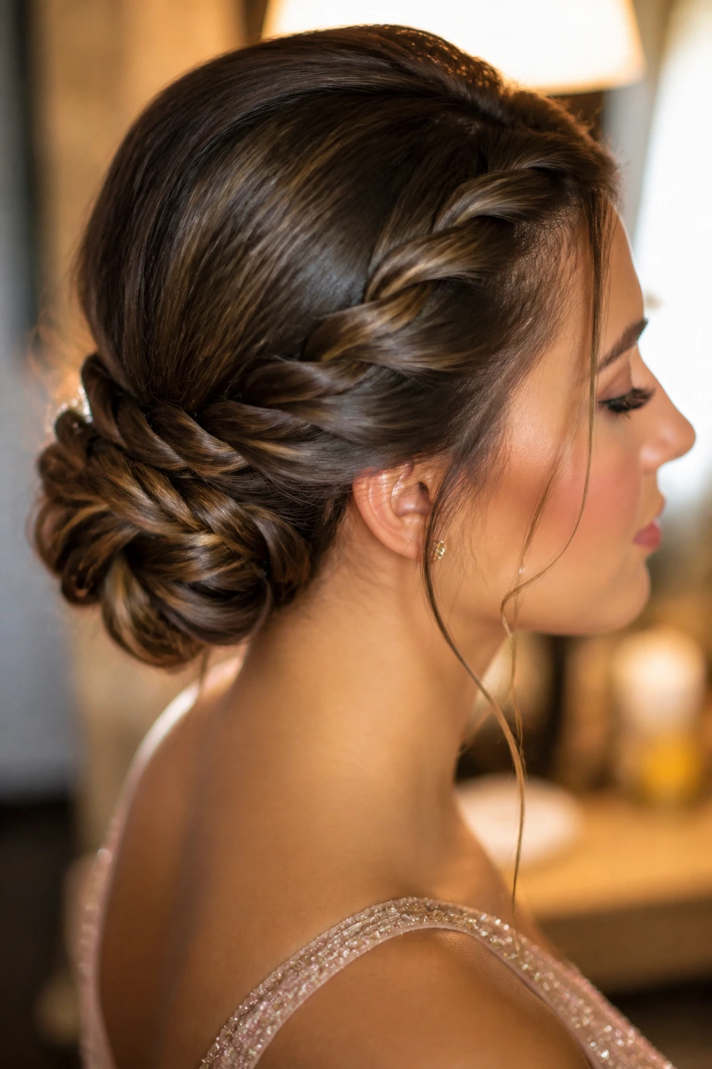 Close-up of rope-braid low bun on a real woman