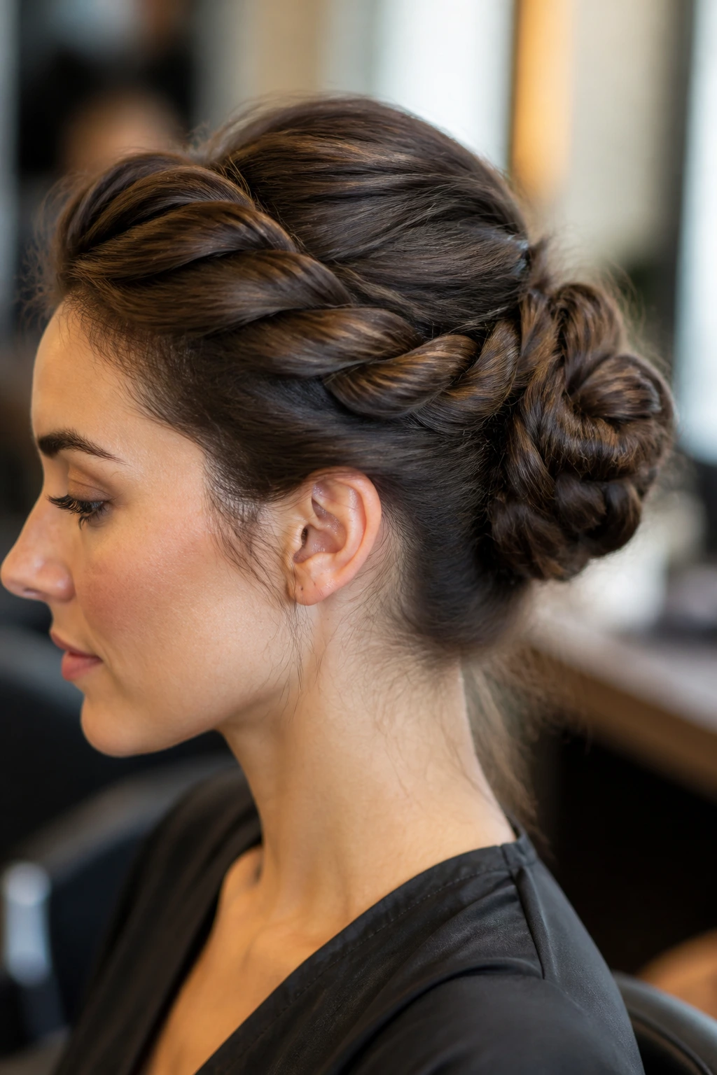 Close-up of rope-braid bun on a real woman's head