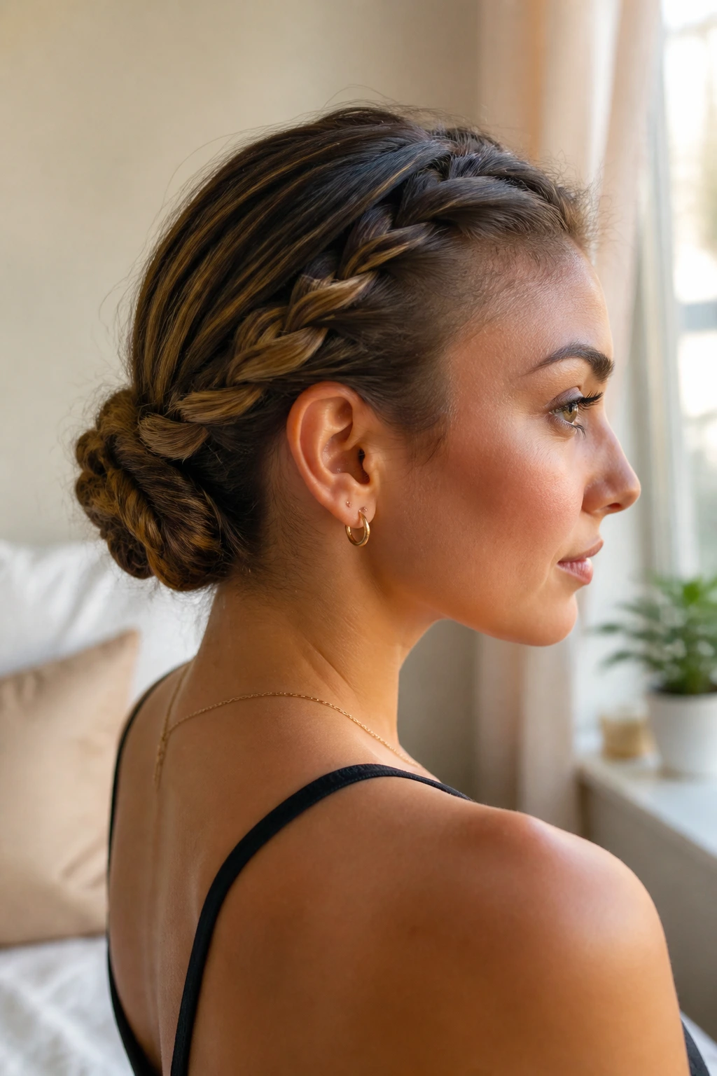 Close-up of rope-braid bun on a real woman's head, tight and neatly coiled at the nape in warm daylight