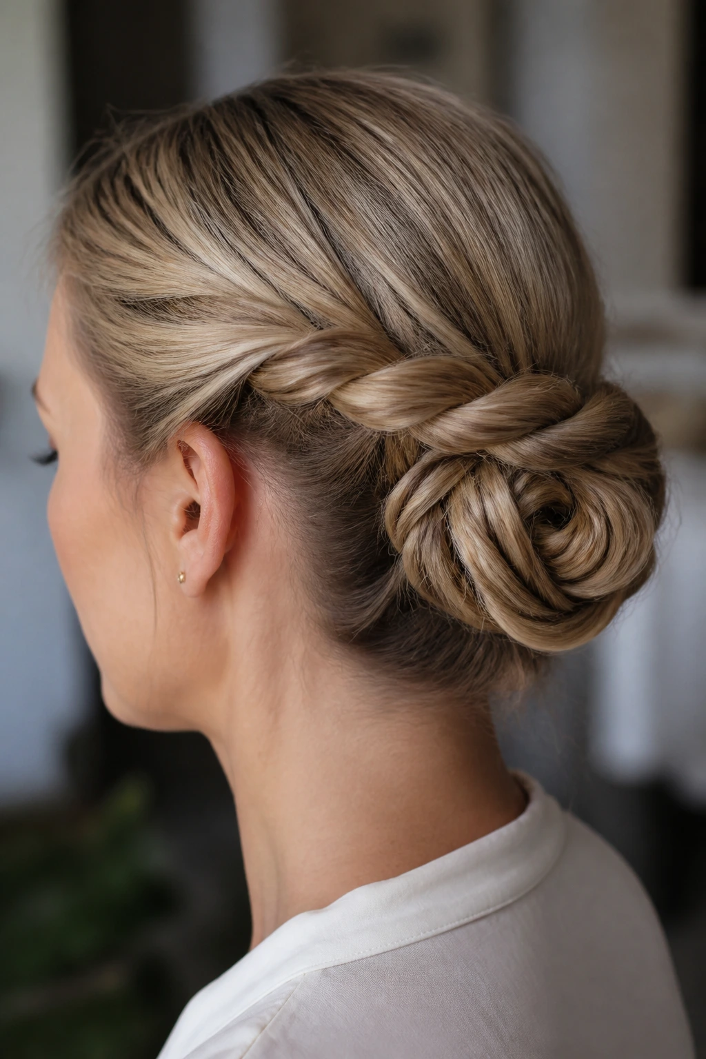 Close-up of rope-braid bun at back of head on a real person