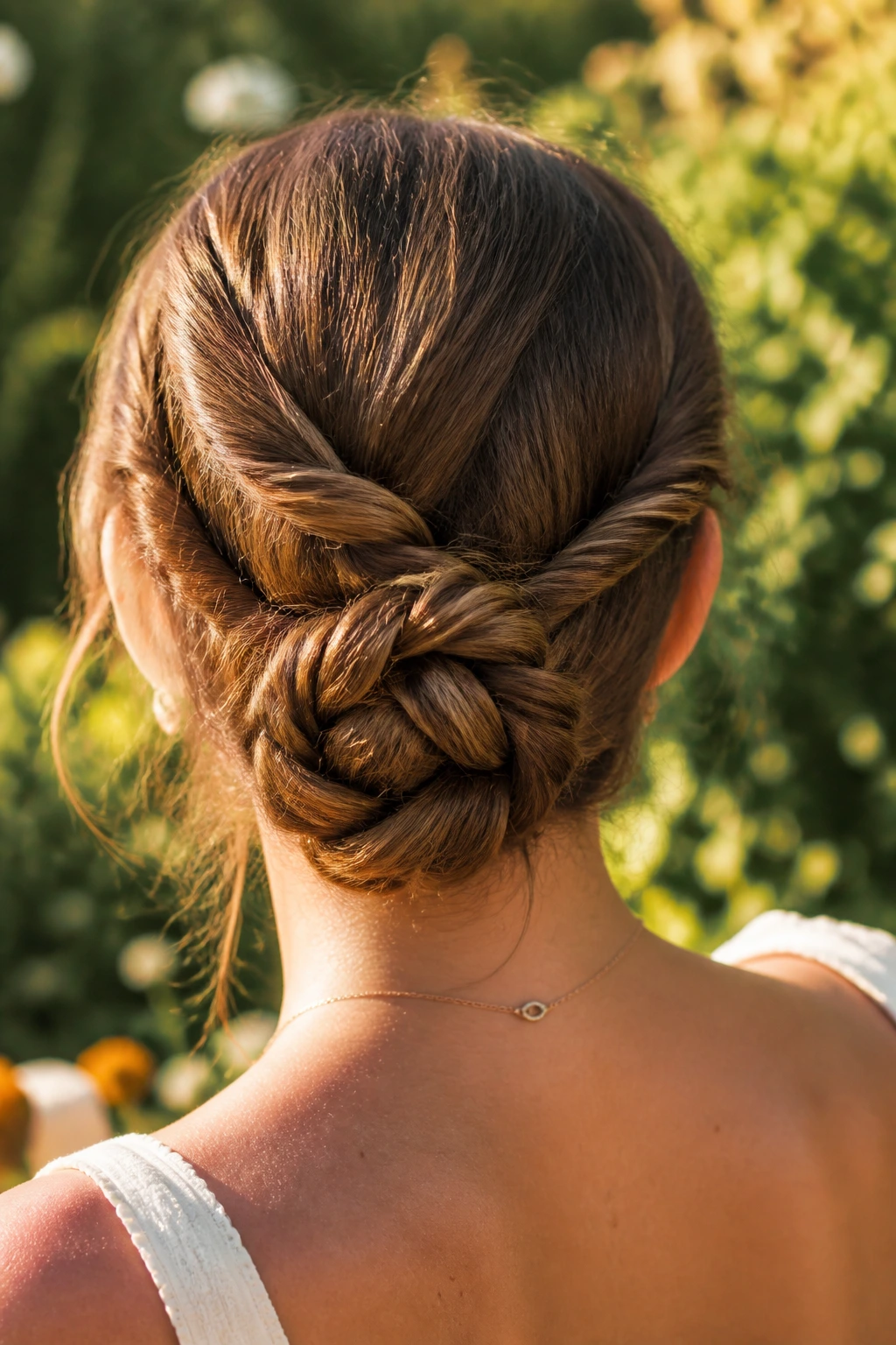 Back view of a real woman with rope twists coiled into a bun at the nape.
