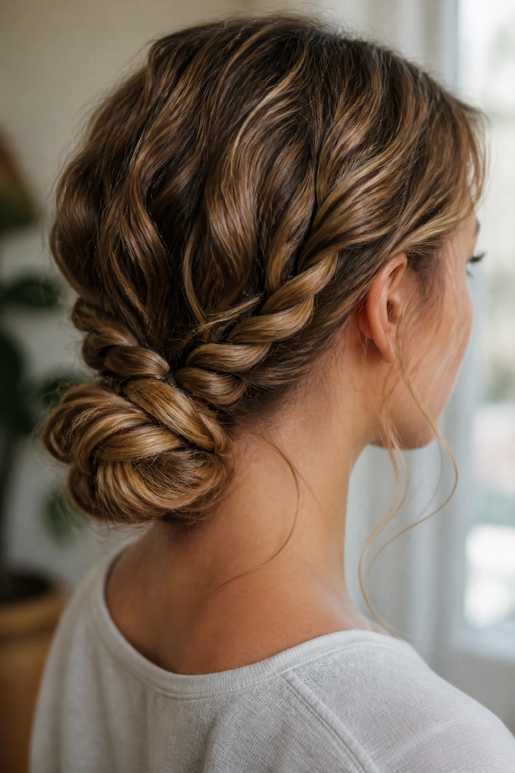Close-up of a real woman with a rope-braid ponytail bun at the nape, waves visible