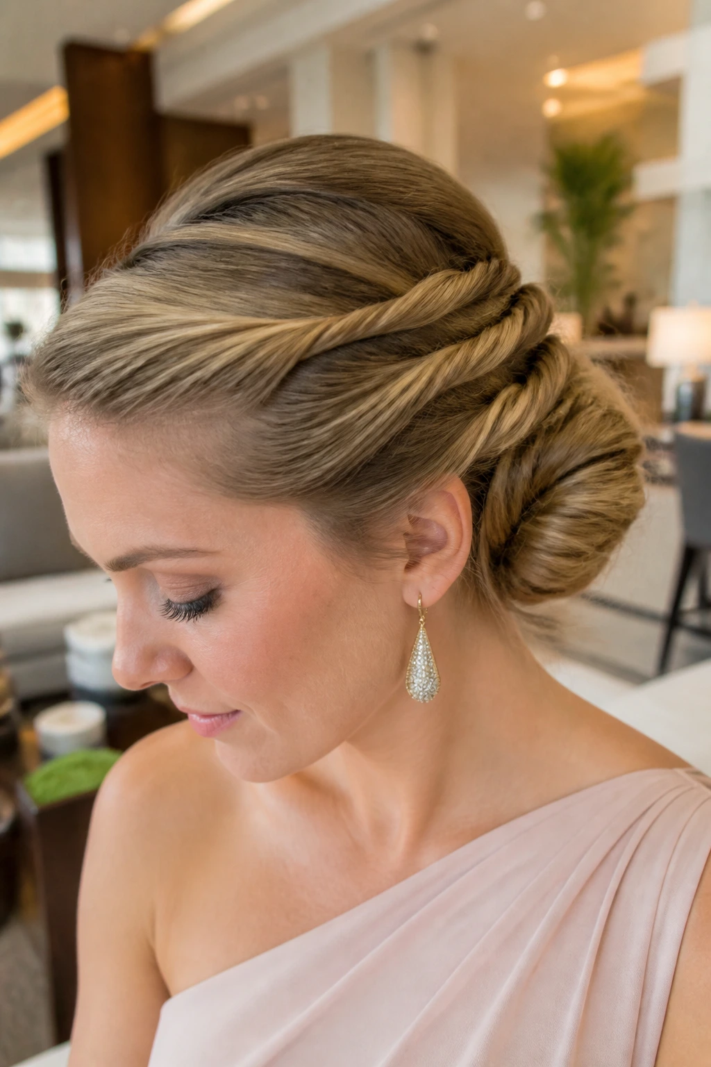 Close-up of a rope-braid chignon on a real woman, showing texture