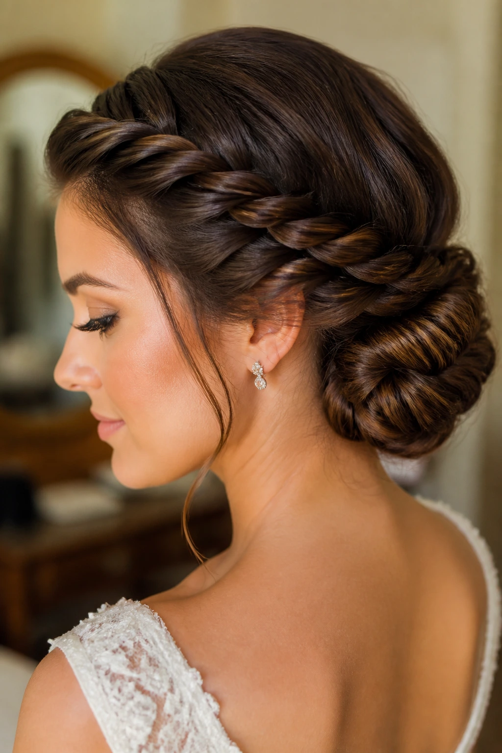 Close-up of a real bride with a rope-braid chignon and tight twists