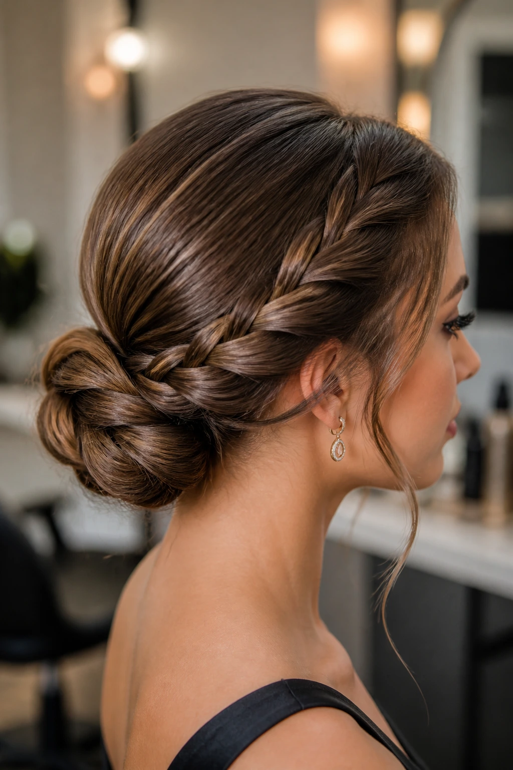 Close-up of a woman with a rope-braid chignon hairstyle
