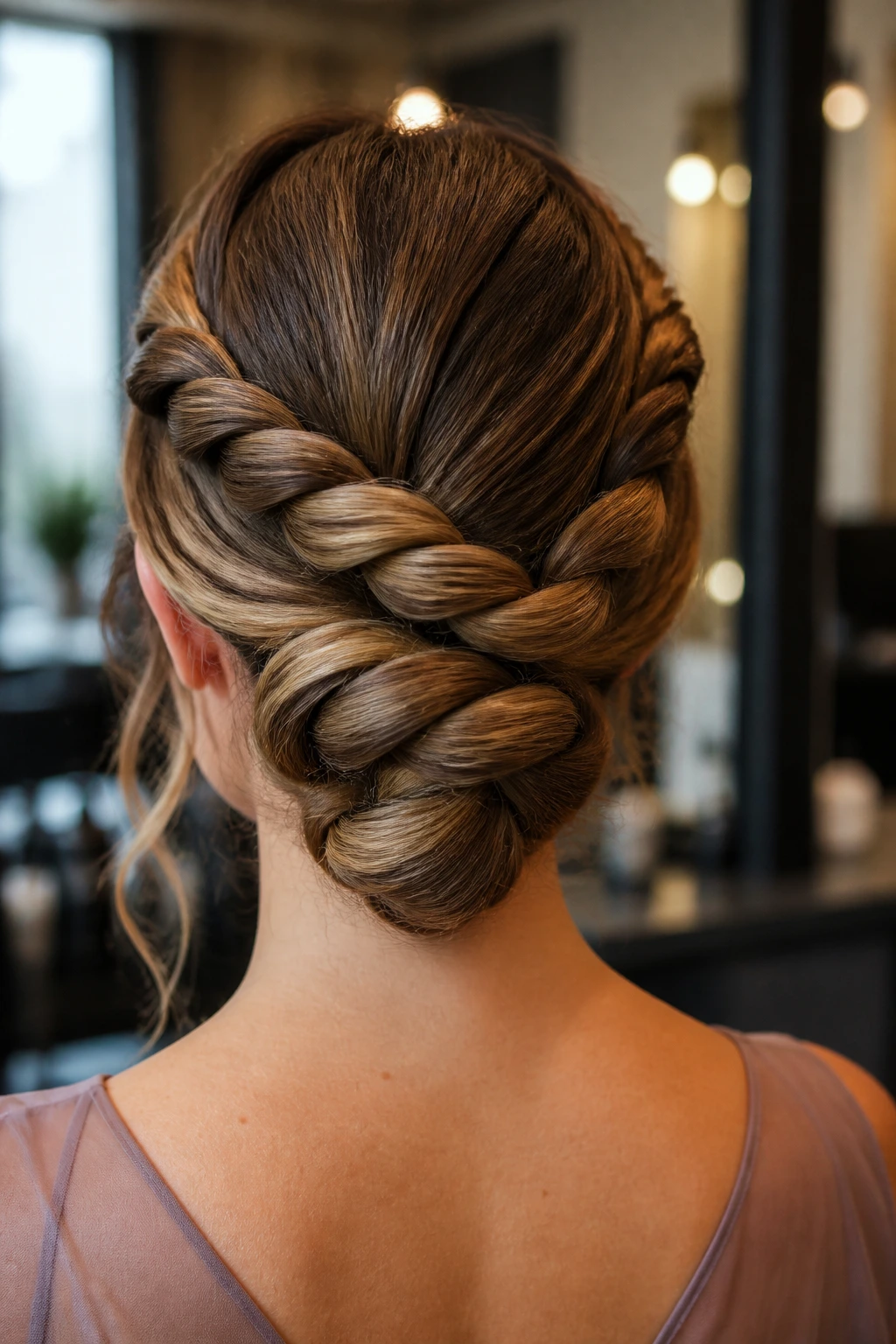 Back view of a real woman displaying a rope braid coil at the nape