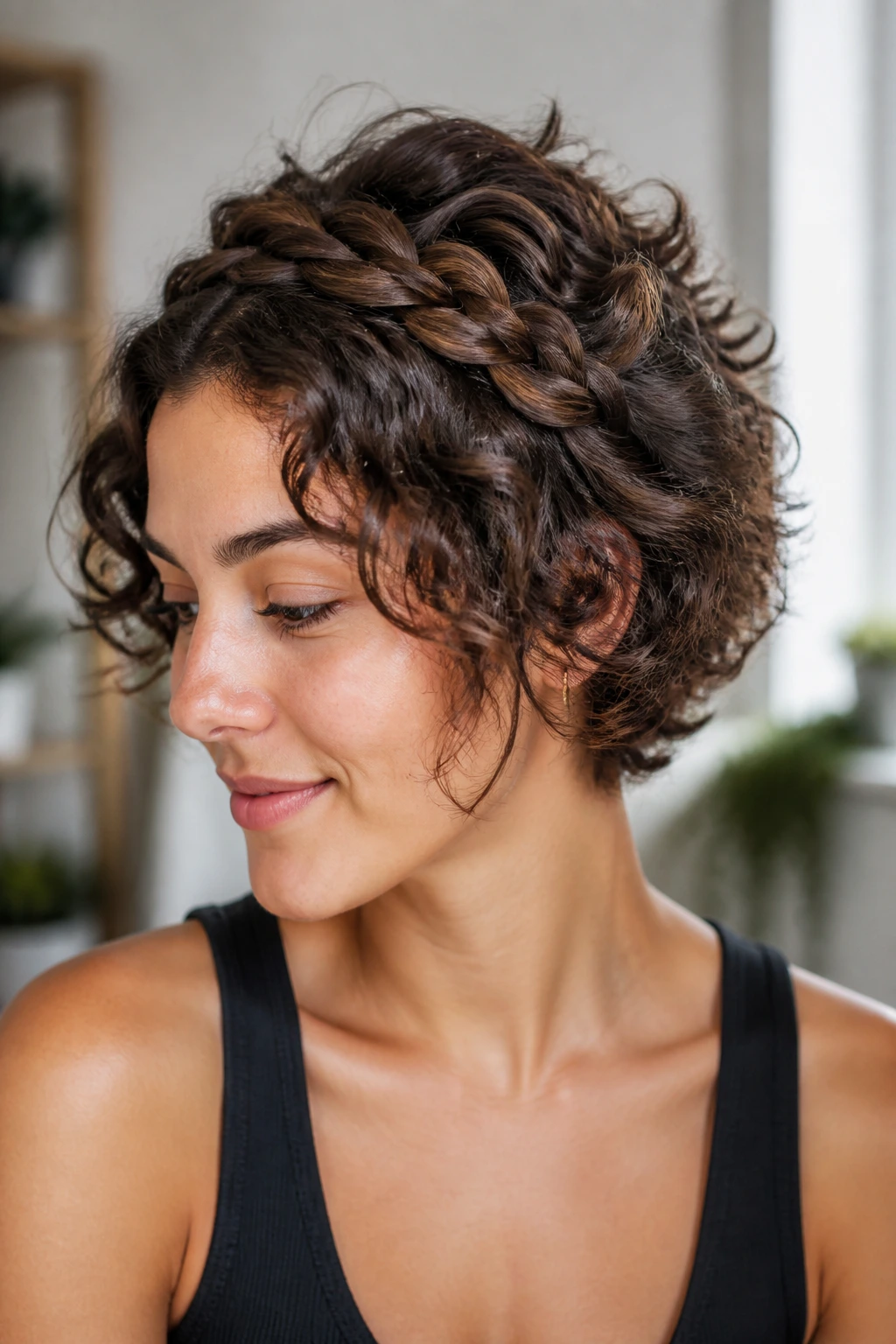Close-up of a real person with a rope-braid crown on curly hair.