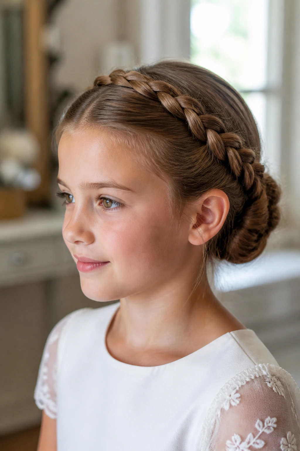 Close-up of a real child wearing rope-braid crown and low bun hairstyle