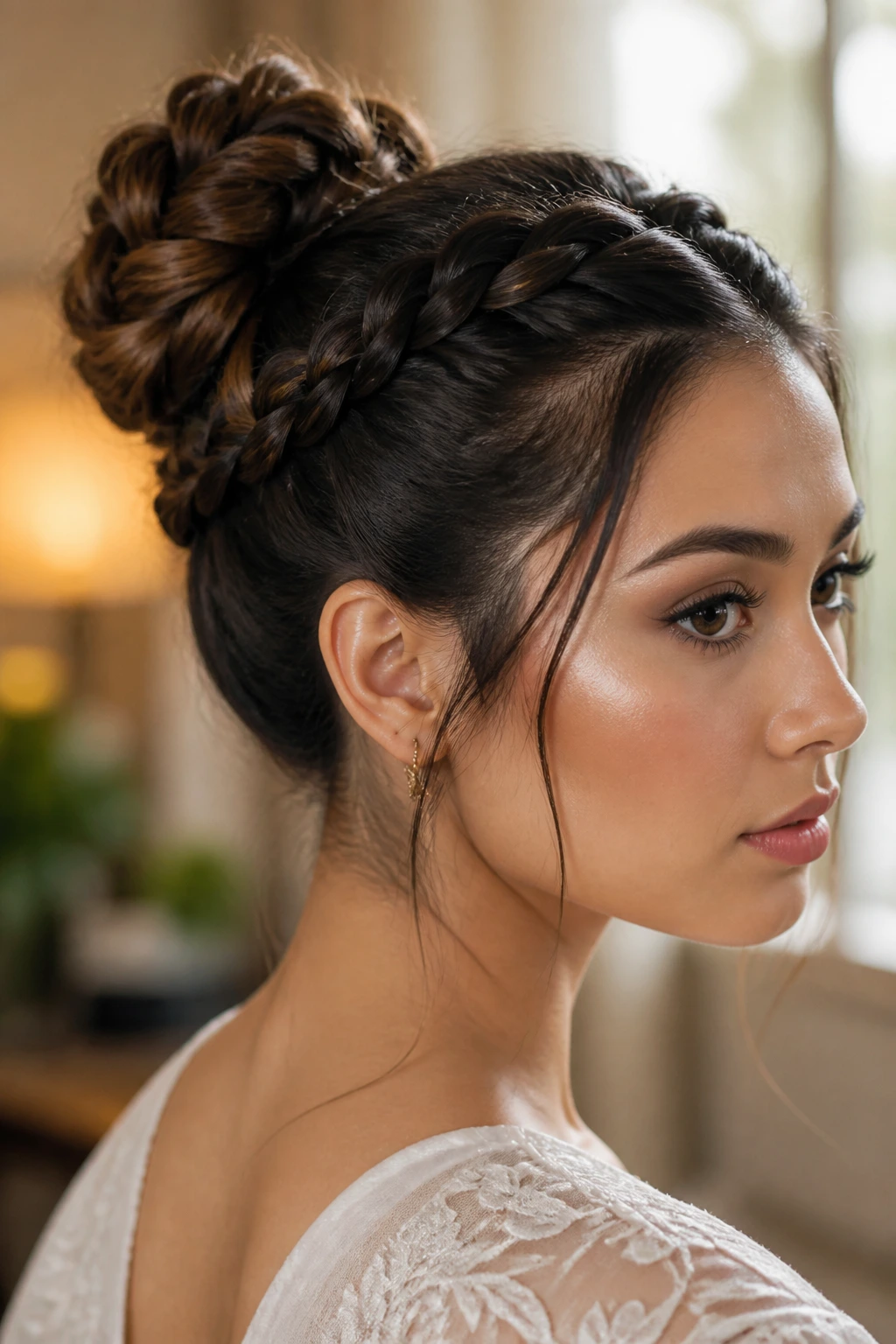 Close-up portrait of a real woman wearing a rope-braid crown bun