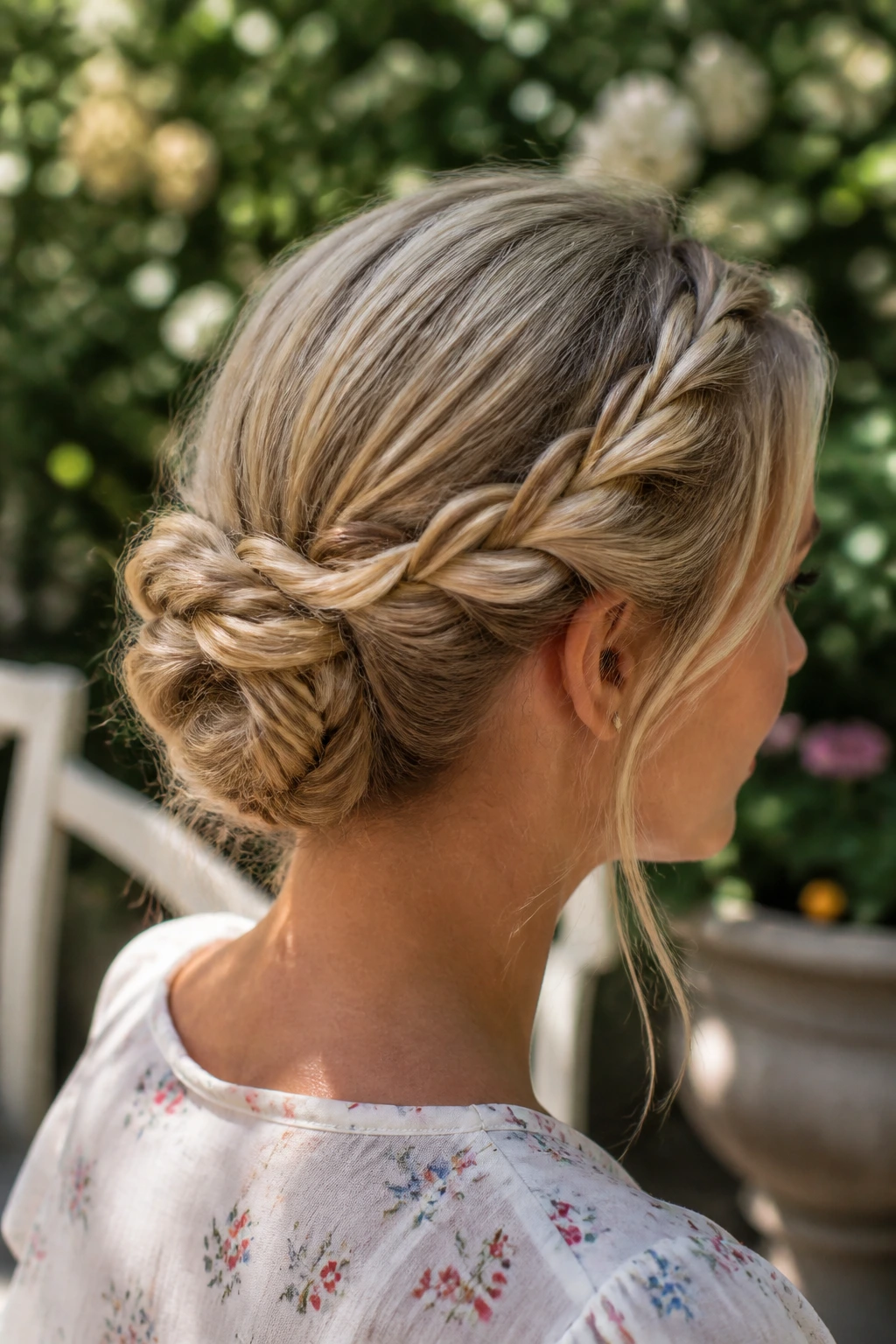 Real woman with rope-braid crown knot at back of head, garden backdrop